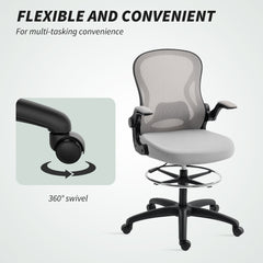 Fynco - Adjustable Mesh Standing Desk Chair with Flip-up Armrests Lumbar Support Armrests Adjustable Footrest Ring Grey