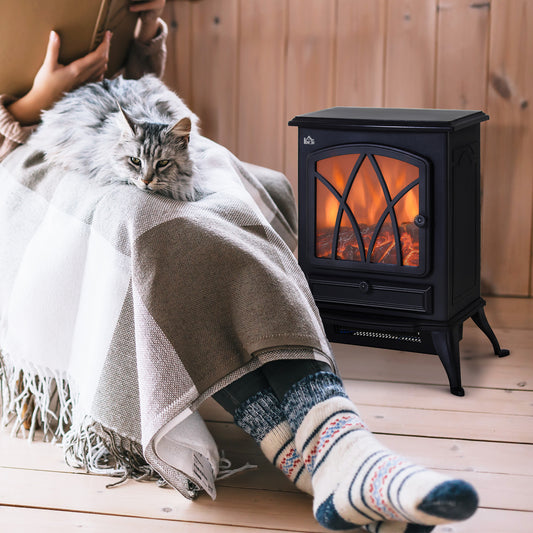 Fynco - Electric Stove Heater with Realistic Flame Effect, 2000W Portable Indoor Freestanding Electric Fireplace with Adjustable Thermostat, Black