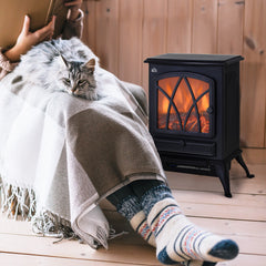 Fynco - Electric Stove Heater with Realistic Flame Effect, 2000W Portable Indoor Freestanding Electric Fireplace with Adjustable Thermostat, Black