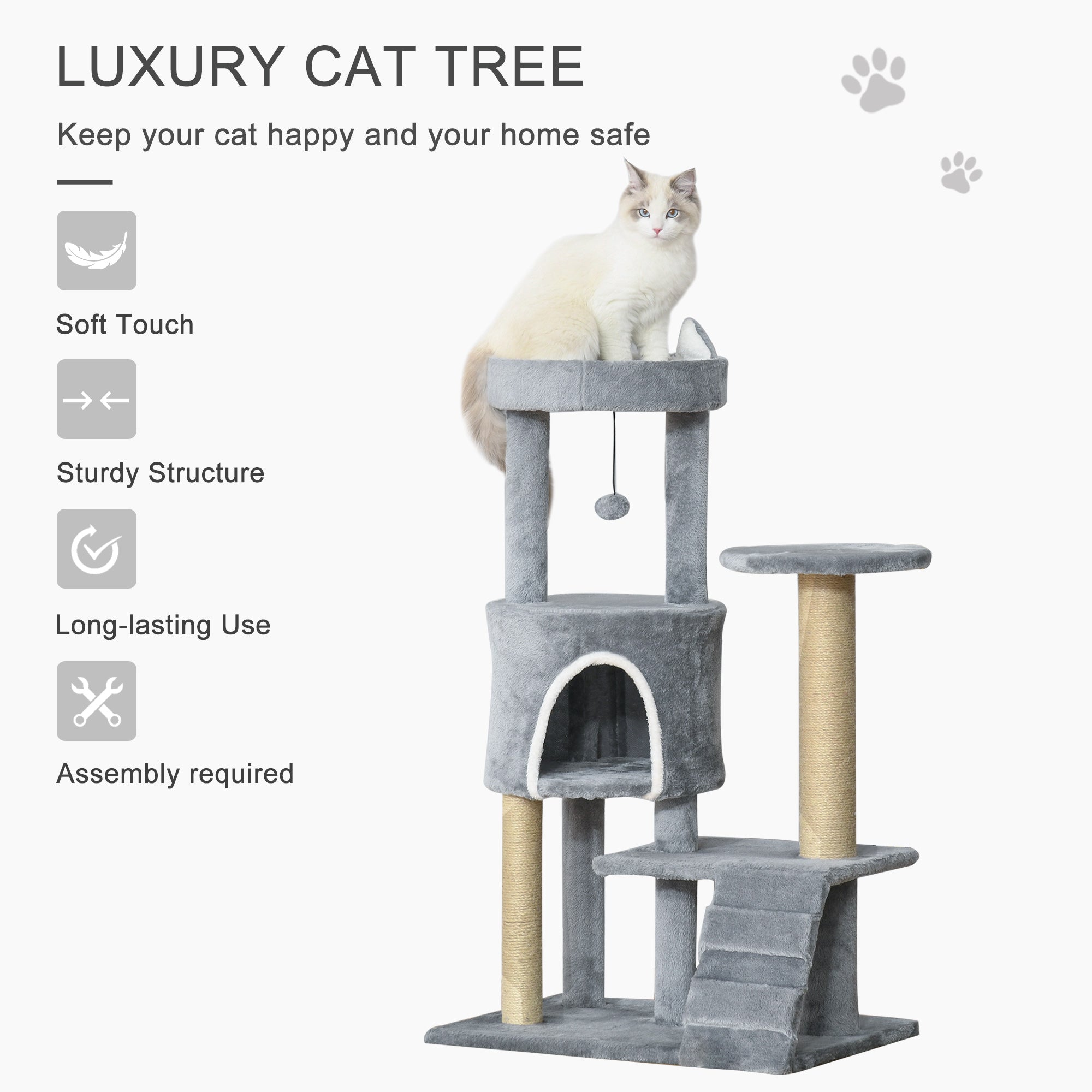 100 cm Cat Tree, Cat Condo Tree Tower for Indoor Cats, Cat Activity Centre with Scratching Posts, Plush Perch, Ladder, Hanging Ball - Light Grey