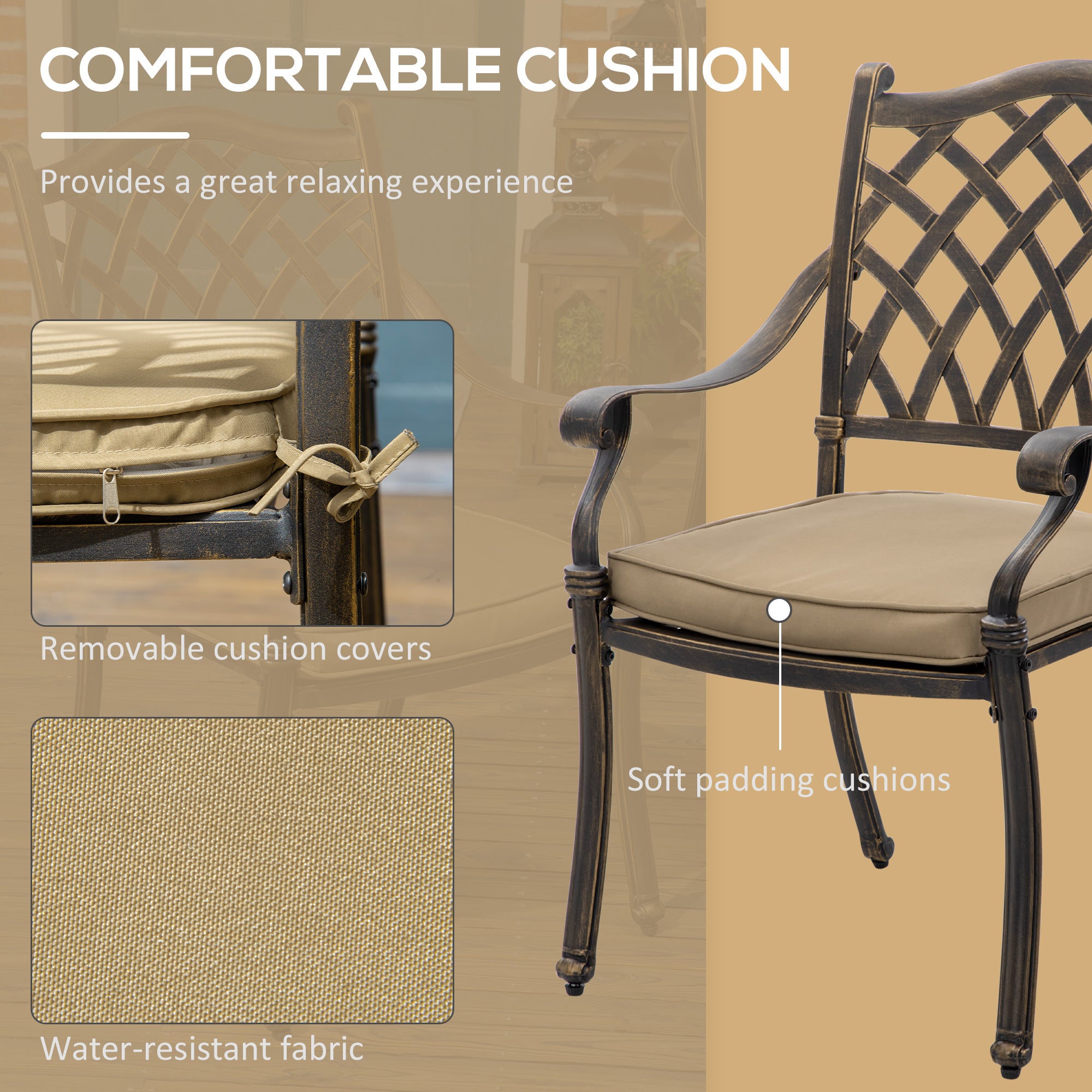 7 PCs Garden Patio Dining Set with Parasol Hole, Cast Aluminium Outdoor Furniture Set with Six Cushioned Chairs and Rectangle Dining Table, for Garden, Lawn, Deck, Bronze Tone