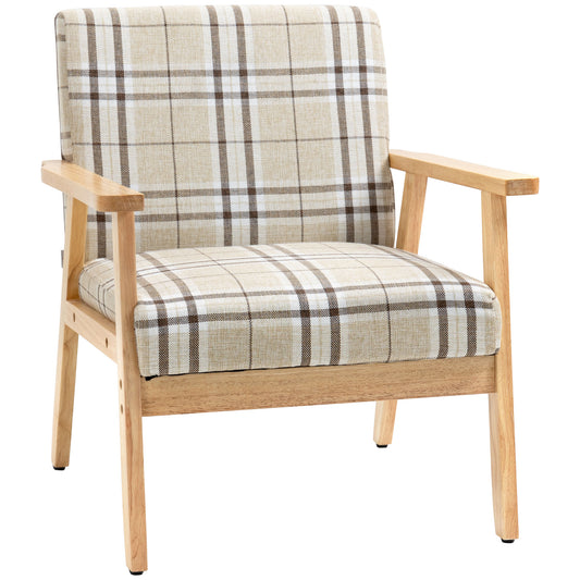 Modern One Seater Sofa for Living Room, Linen Fabric Small Couch with Rubber Wood Frame, Armrests, Lattice Pattern, Upholstered Armchair, Beige