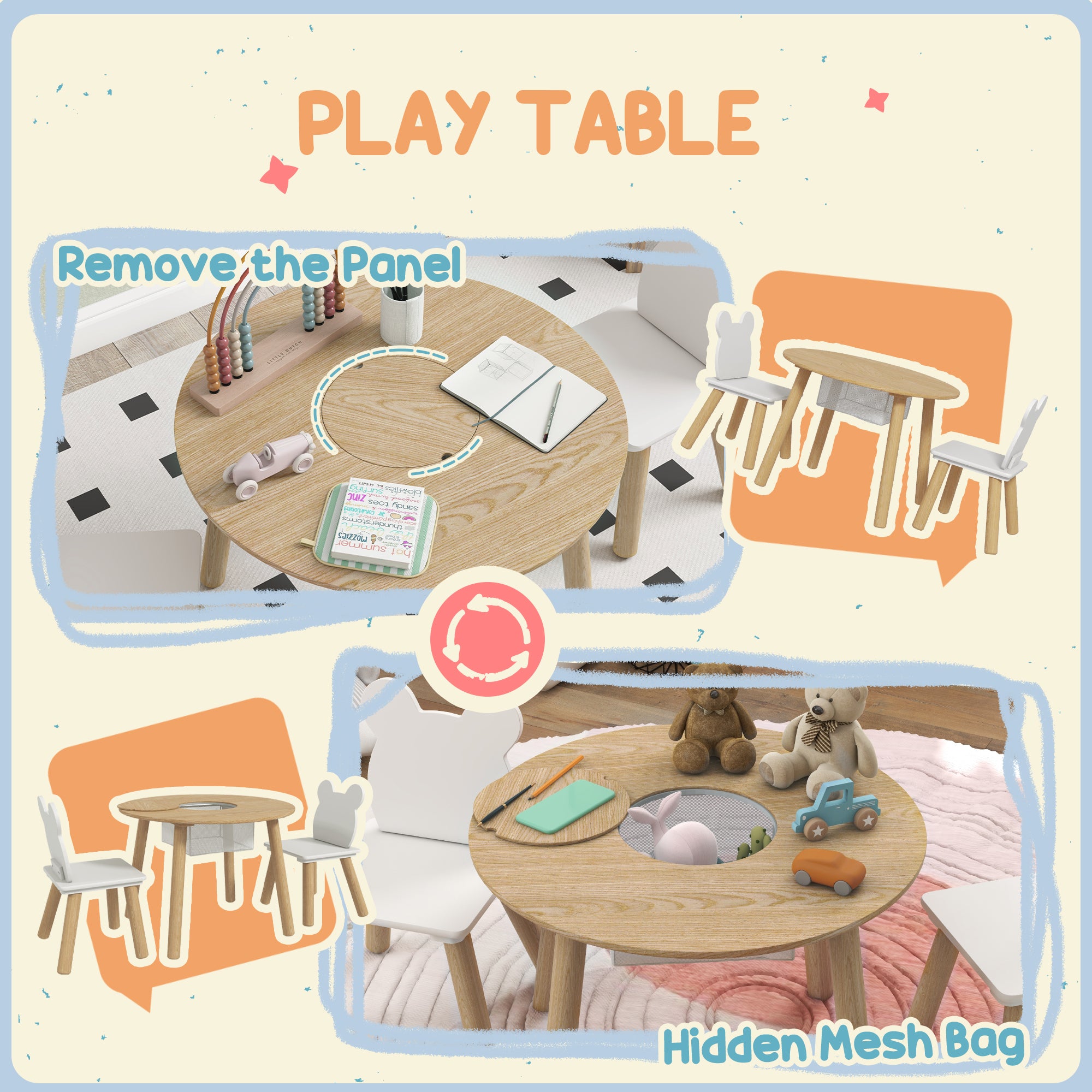 AIYAPLAY 3-Piece Kids Activity Table Set with Centre Mesh Bag, Bear-Shaped Backrest, for Arts and Crafts, Reading, Dining