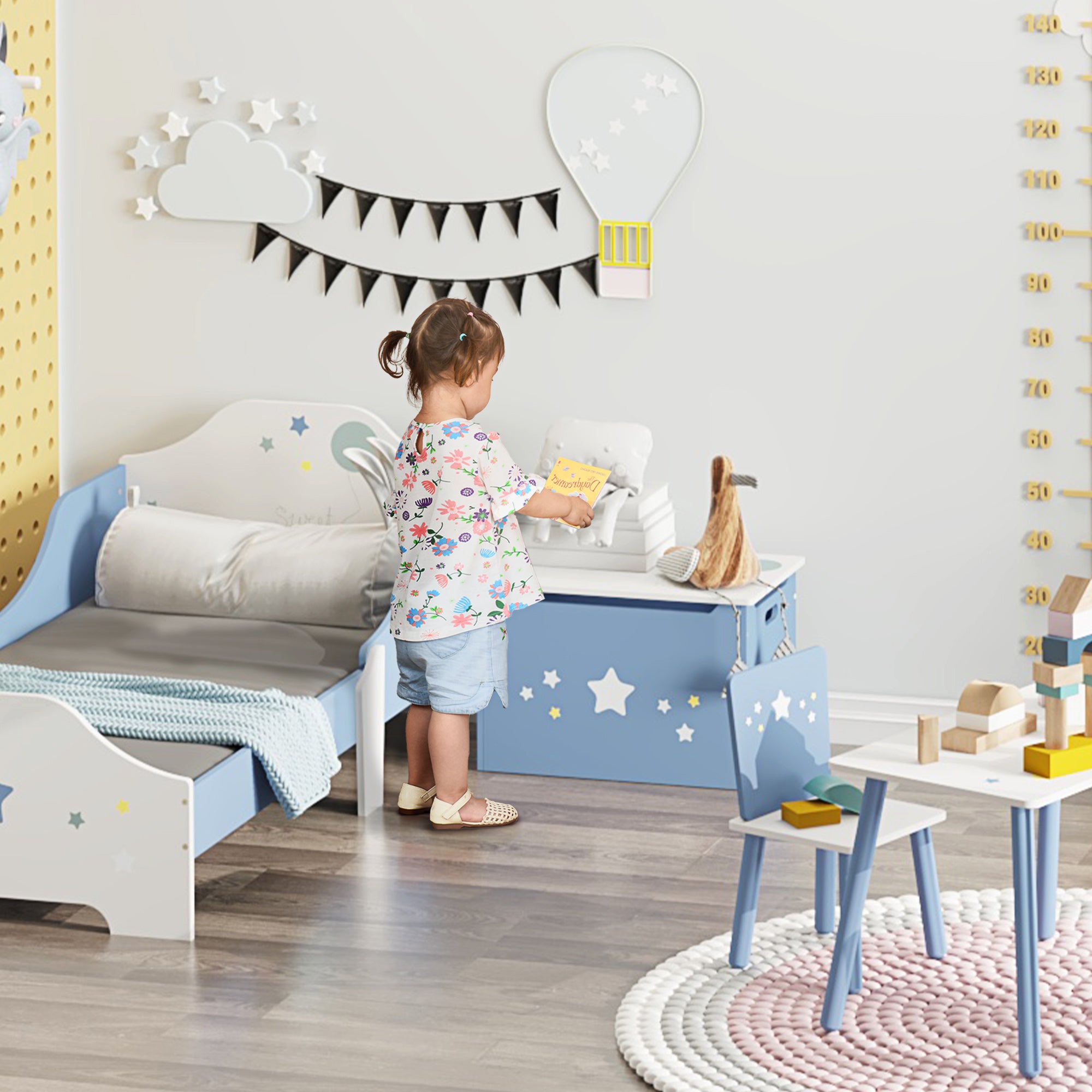 Kids Wooden Toy Box Children Storage Chest Organiser Side Handle Safety Hinge Play Room Furniture Blue