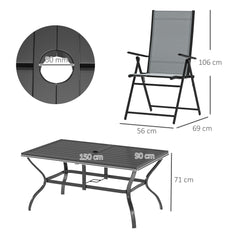 Seven-Piece Steel Outdoor Dining Set, with Parasol Hole - Grey