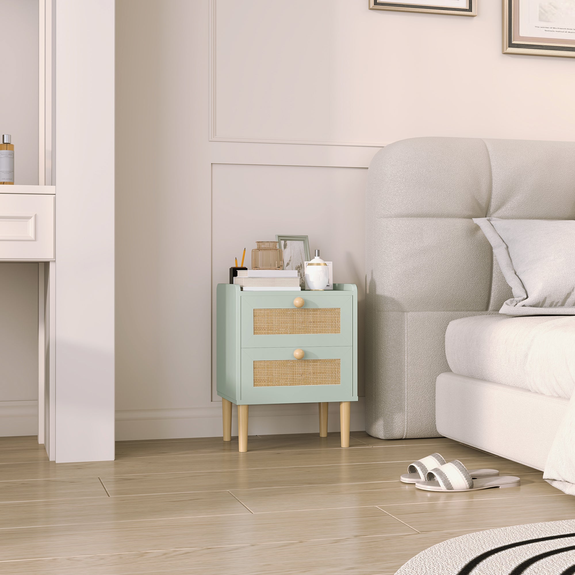 Bedroom Chest of Drawers, Boho Rattan Dresser with 2 Drawers, Storage Cabinet for Living Room, Hallway, Entryway, Olive Green