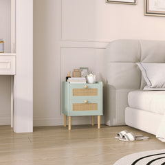 Bedroom Chest of Drawers, Boho Rattan Dresser with 2 Drawers, Storage Cabinet for Living Room, Hallway, Entryway, Olive Green