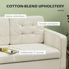 Modern Loveseat Sofa, Compact 2 Seater Sofa with Hidden Storage, 117cm Tufted Cotton Couch with Wood Legs, Cream White