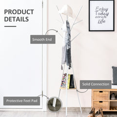 Freestanding Metal Coat Rack Stand 9 Hooks Clothes Tree with 1 Shelf Hat Display Hall Tree Hanger Bag Umbrella Hanging Organiser White