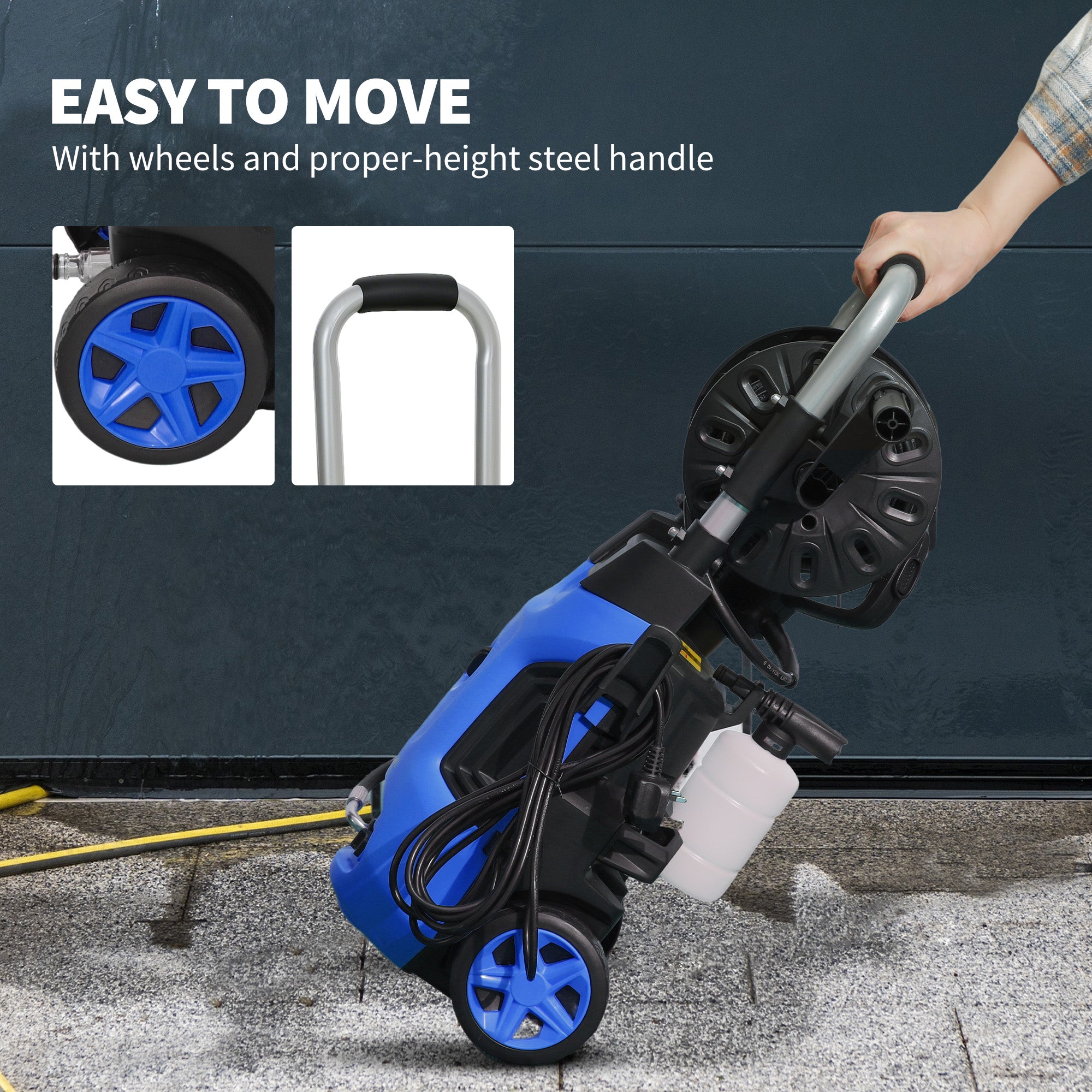 1800W High Pressure Washer, 150 Bar Pressure, 420 L/h Flow, Portable Power Washer Jet Wash Cleaner with Adjustable Nozzle, 6M Hose, Hose Reel, Steel Handle for Home Patio Car Driveway, Blue