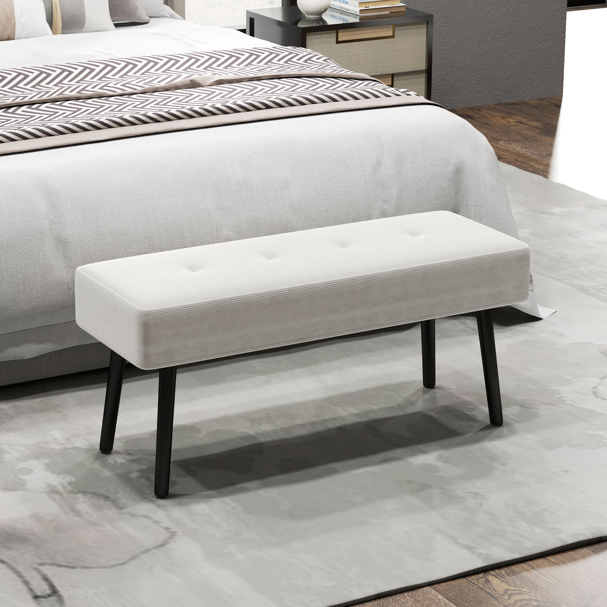 End of Bed Bench, Corduroy Bedroom Bench with Thick Padding and Steel Legs, Tufted Window Seat for Entryway, Living Room, Cream White