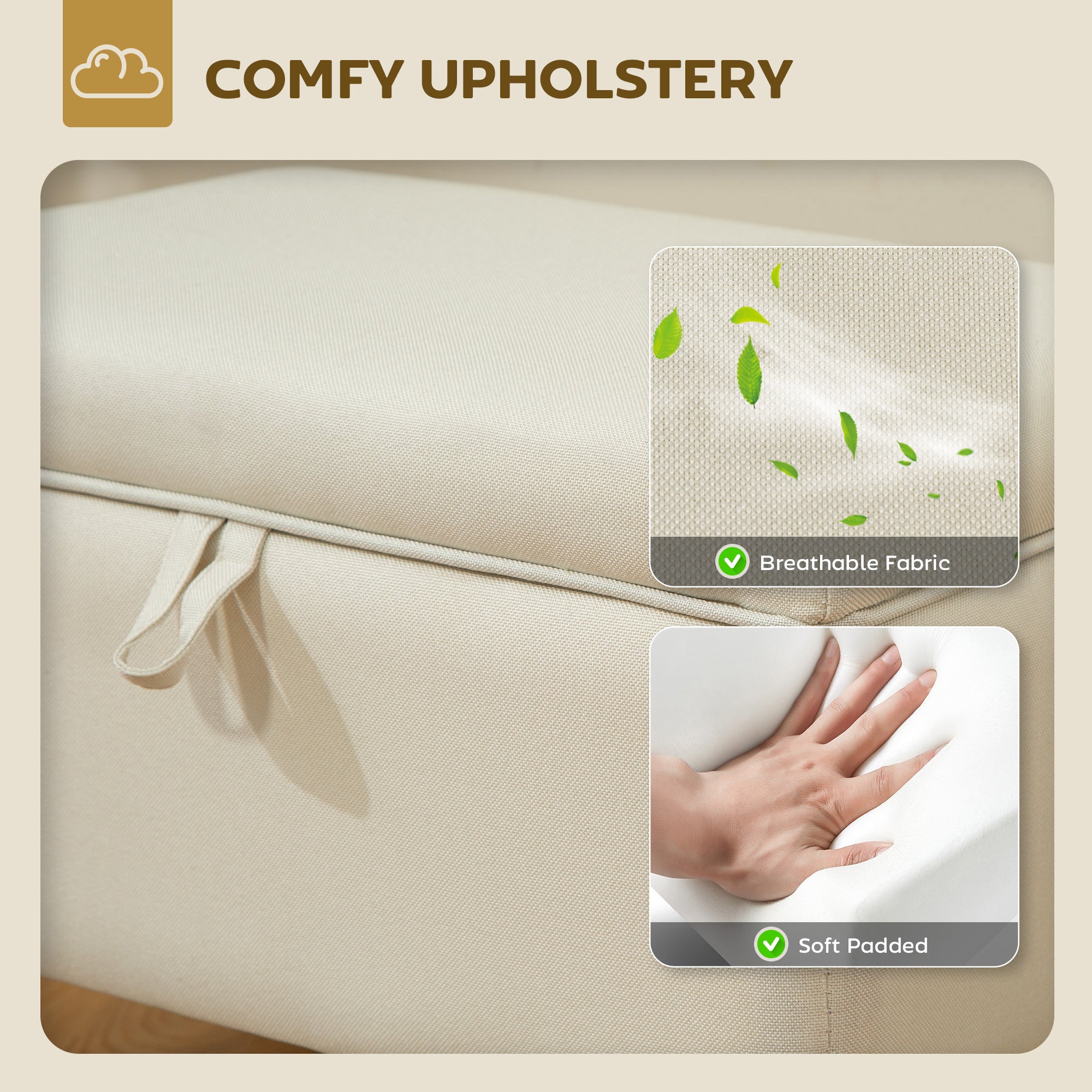 Fynco - 16L Linen Storage Ottoman Padded Footstool with Rubberwood Legs for Storage Box, Bed End, Shoe Bench, Seating, Beige