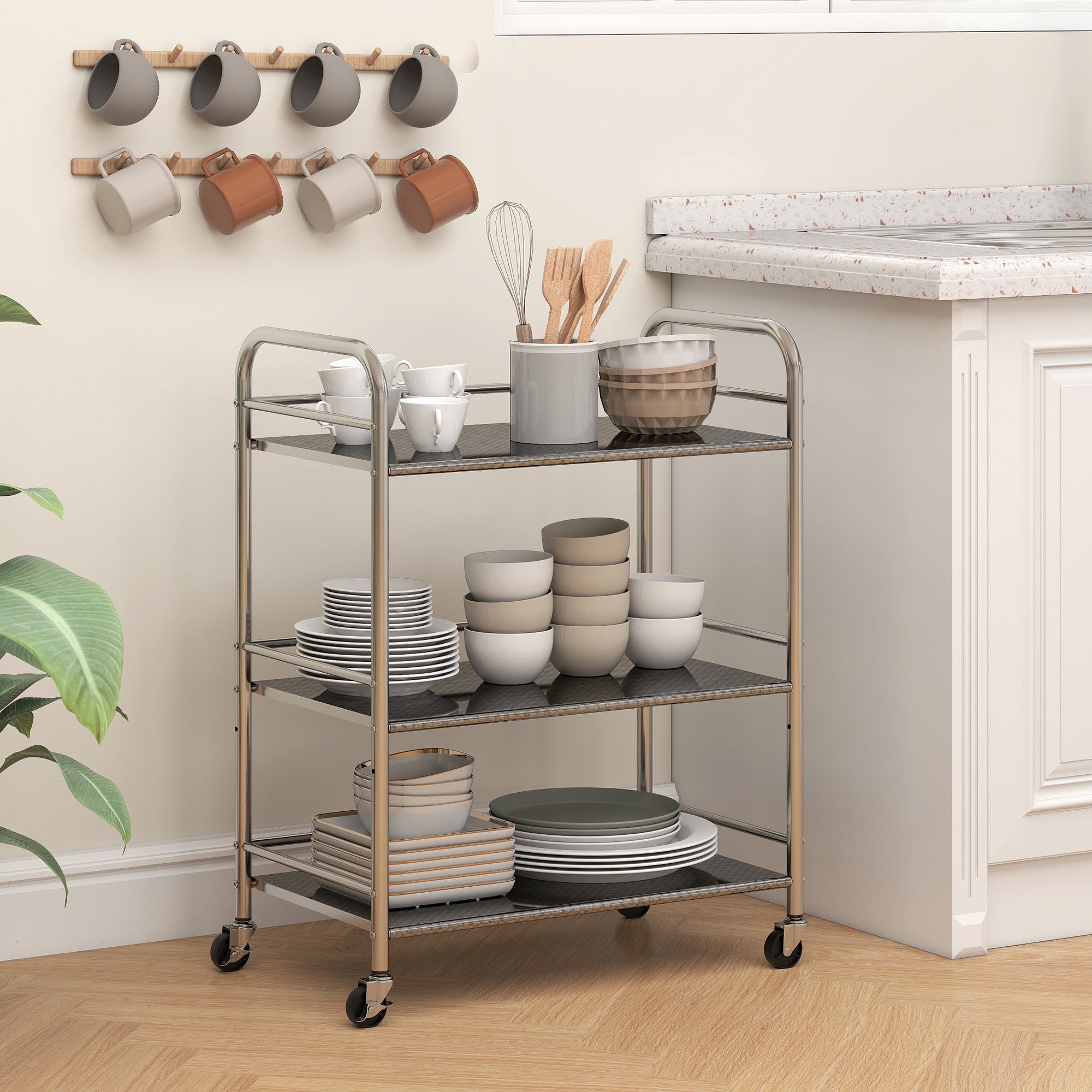 Fynco - 3 Tier Stainless Steel Kitchen Storage Trolley with Adjustable Shelf - Silver