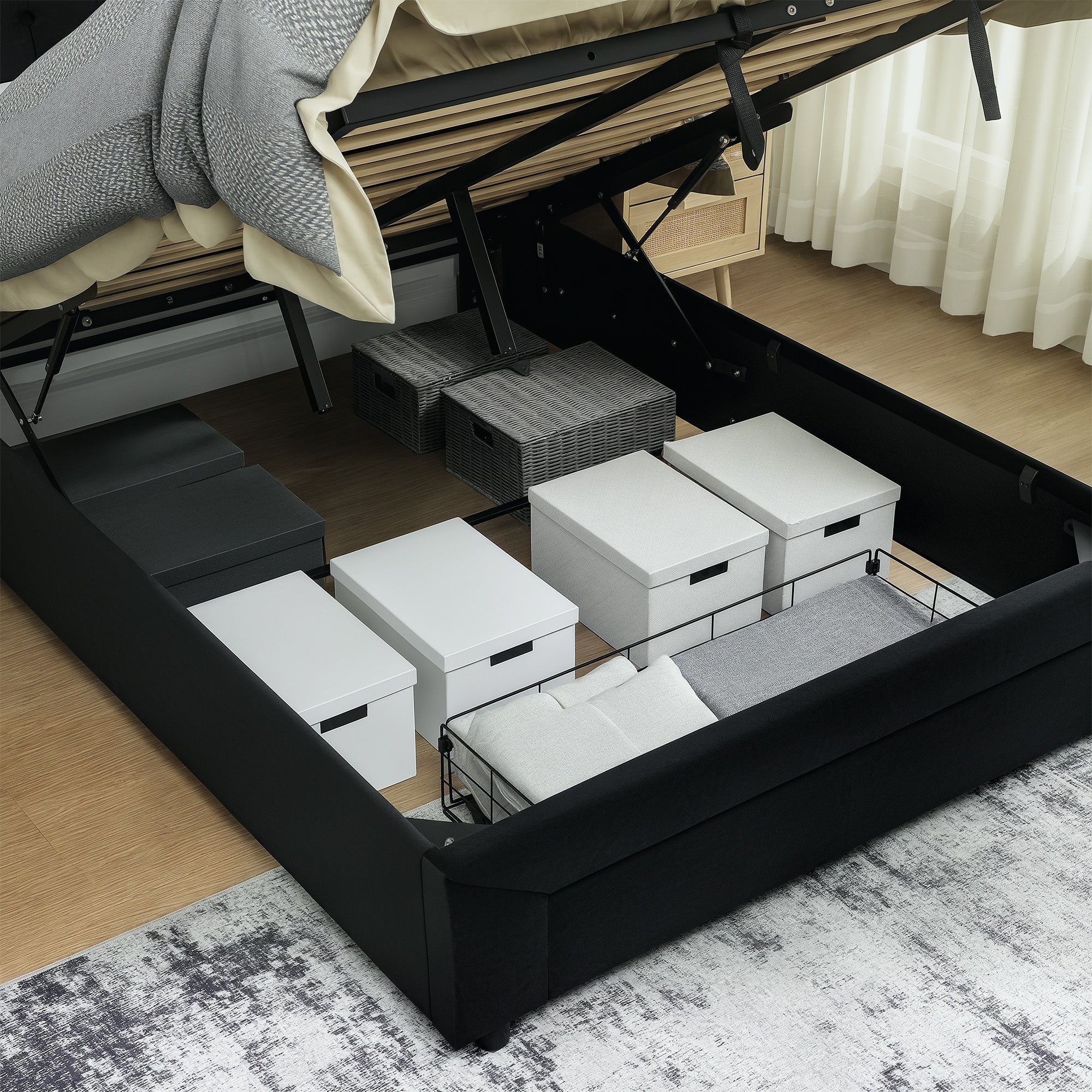 Fynco - Double Ottoman Bed Frame, with Front Drawer - Black