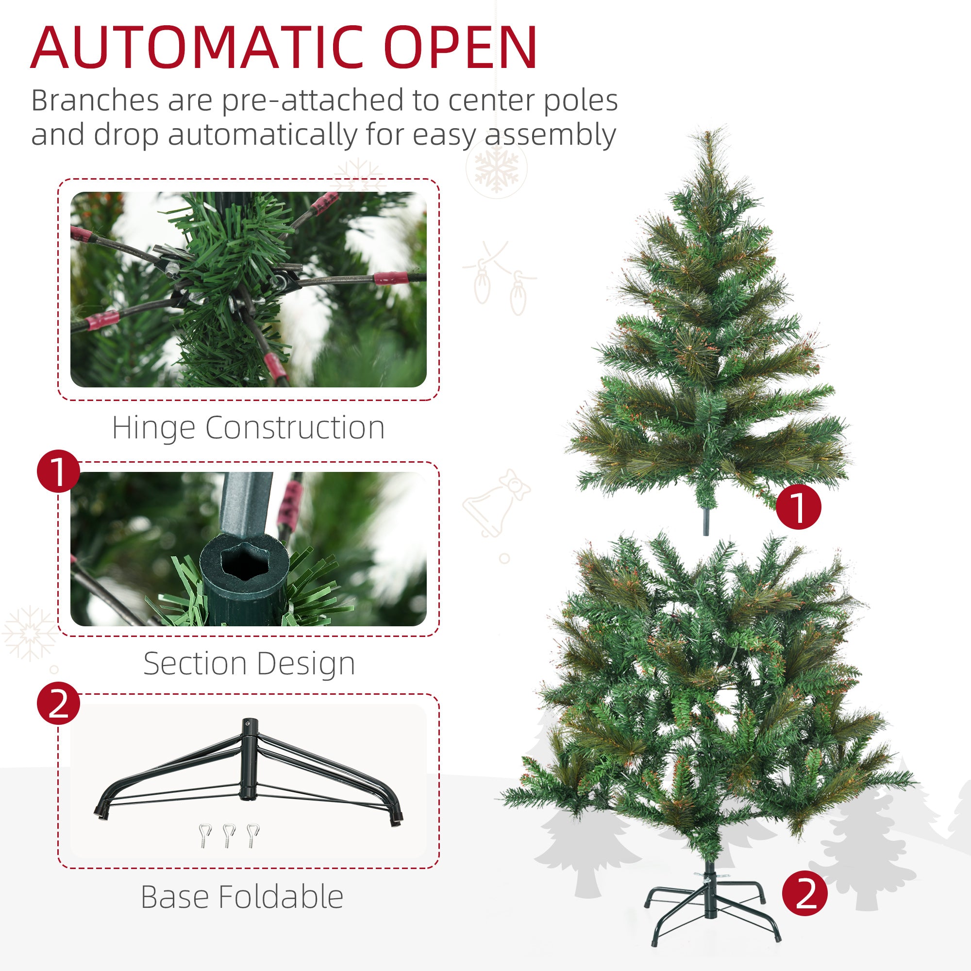 1.5m 5ft Pre-Lit Christmas Tree Artificial Spruce Xmas Tree Warm White LED Holiday Décor with Metal Stand