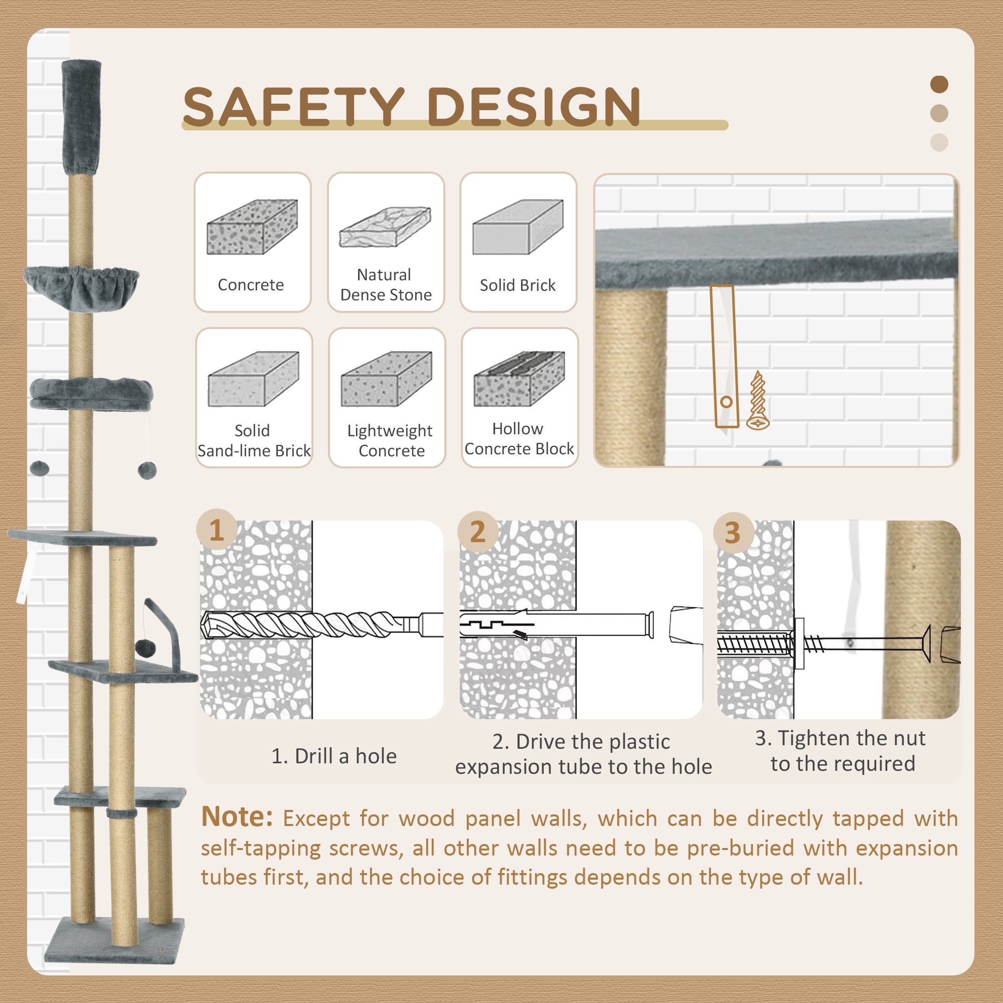 Floor to Ceiling Cat Tree for Indoor Cats, 6-Tier Play Tower Climbing Activity Center with Scratching Post, Platforms, Bed, Hammock, Adjustable Height 230-250cm, Grey