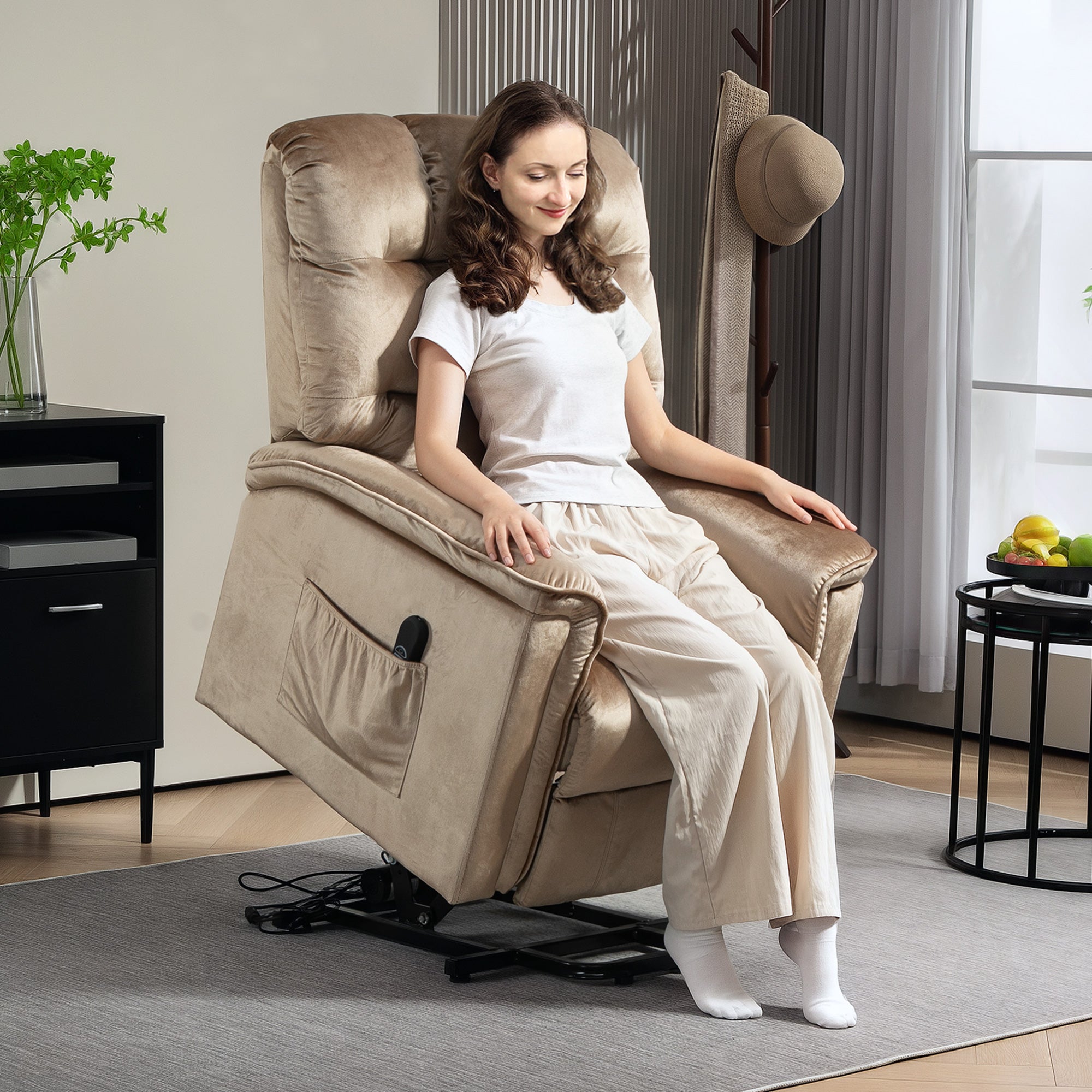 Velvet-Feel Electric Lift Recliner Chair - Brown