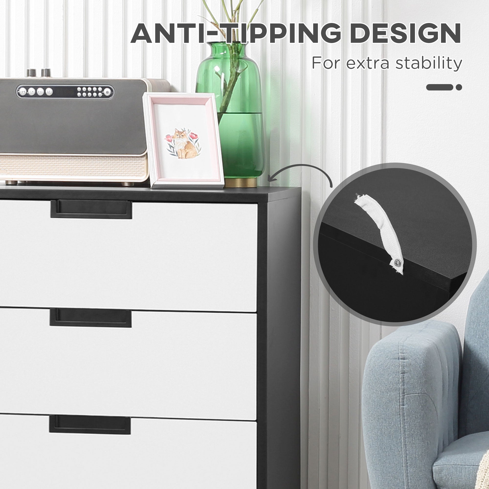 Bedroom Furniture Set, Wardrobe with Hanging Rod, 4 Drawer Chest of Drawers, 2 Bedside Tables with Storage, White and Black