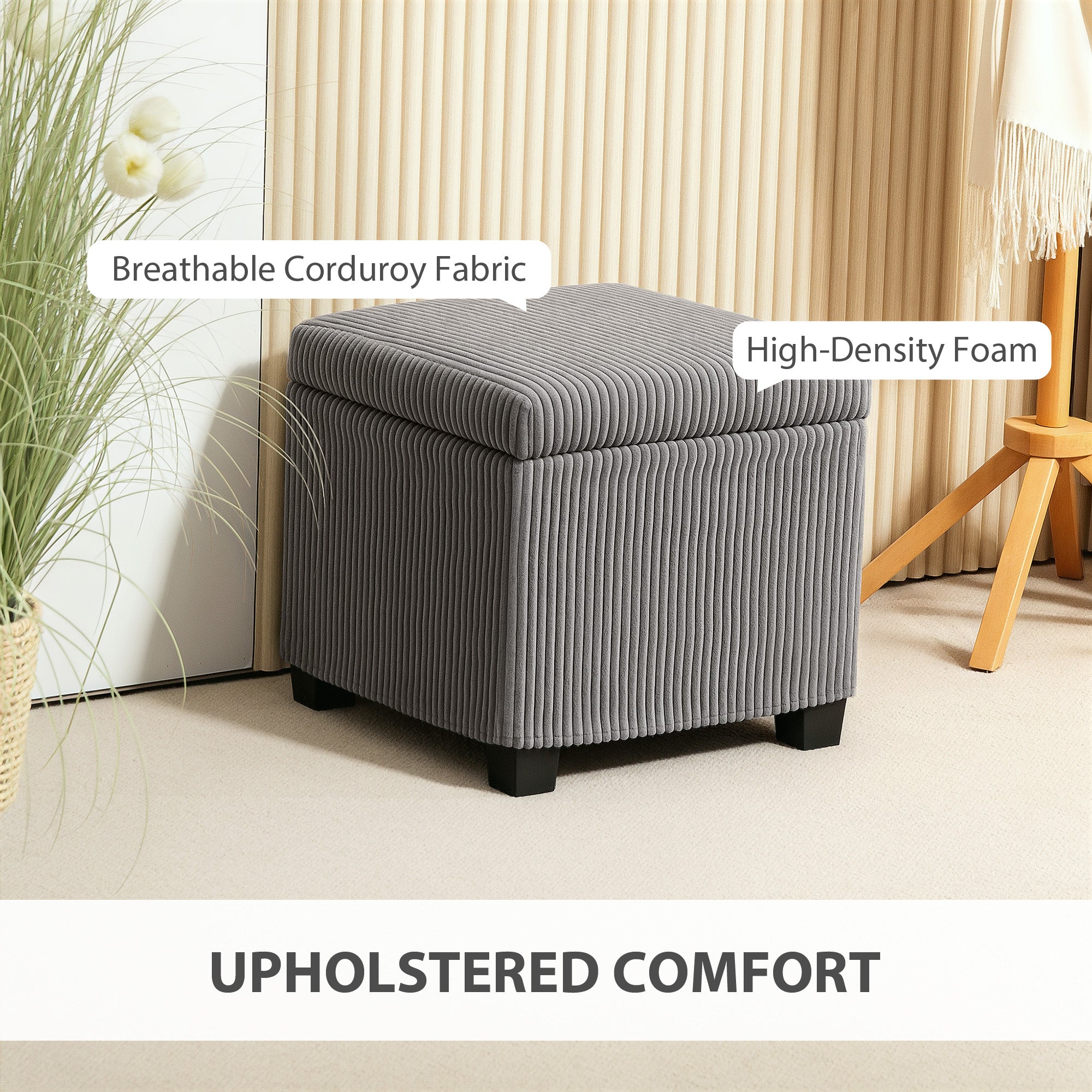 Storage Ottoman Bench, Corduroy Footstool with Removable Lid and Legs, 40cm Storage Chest Box for Living Room, Bedroom, Hallway, Grey