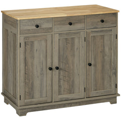 Sideboard with Rubber Wood Top, Modern Storage Cabinet, Kitchen Cupboard with 3 Doors, 3 Drawers and 3 Adjustable Shelves for Dining Room, Living Room, Grey Wood-Effect