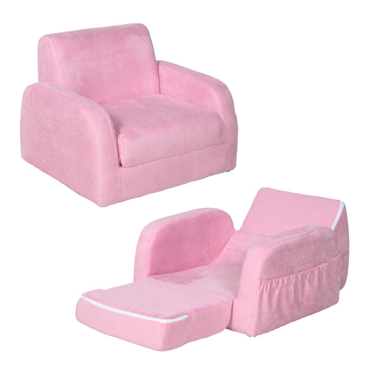 2-in-1 Kids Armchair, Toddler Sofa Bed, with Wood Frame, for Bedroom, Playroom - Pink