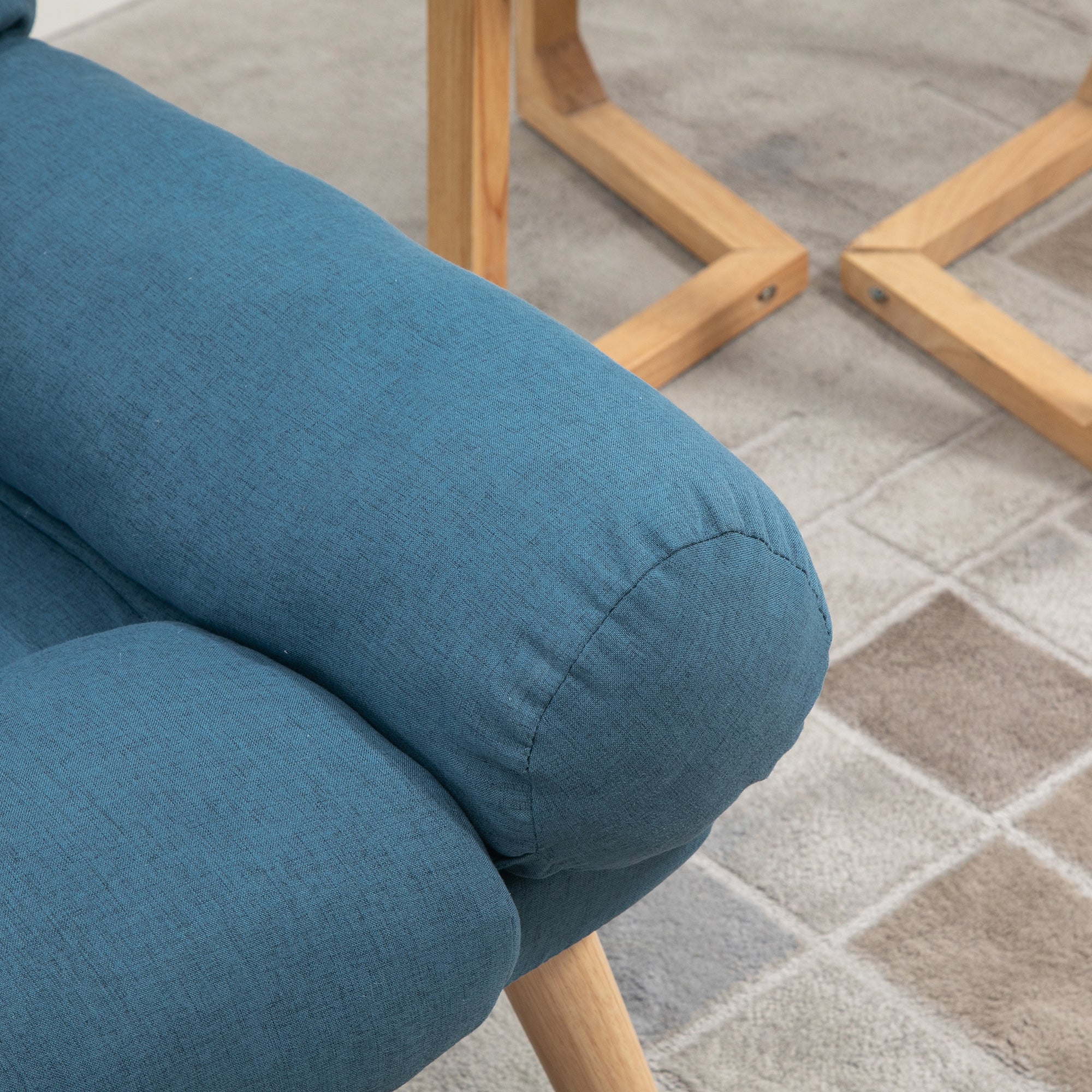 Armchair with Footstool, 180° Recliner with Ottoman, Accent Chair and Footstool with 3-Position Adjustable Backrest and Wooden Legs for Living Room, Blue