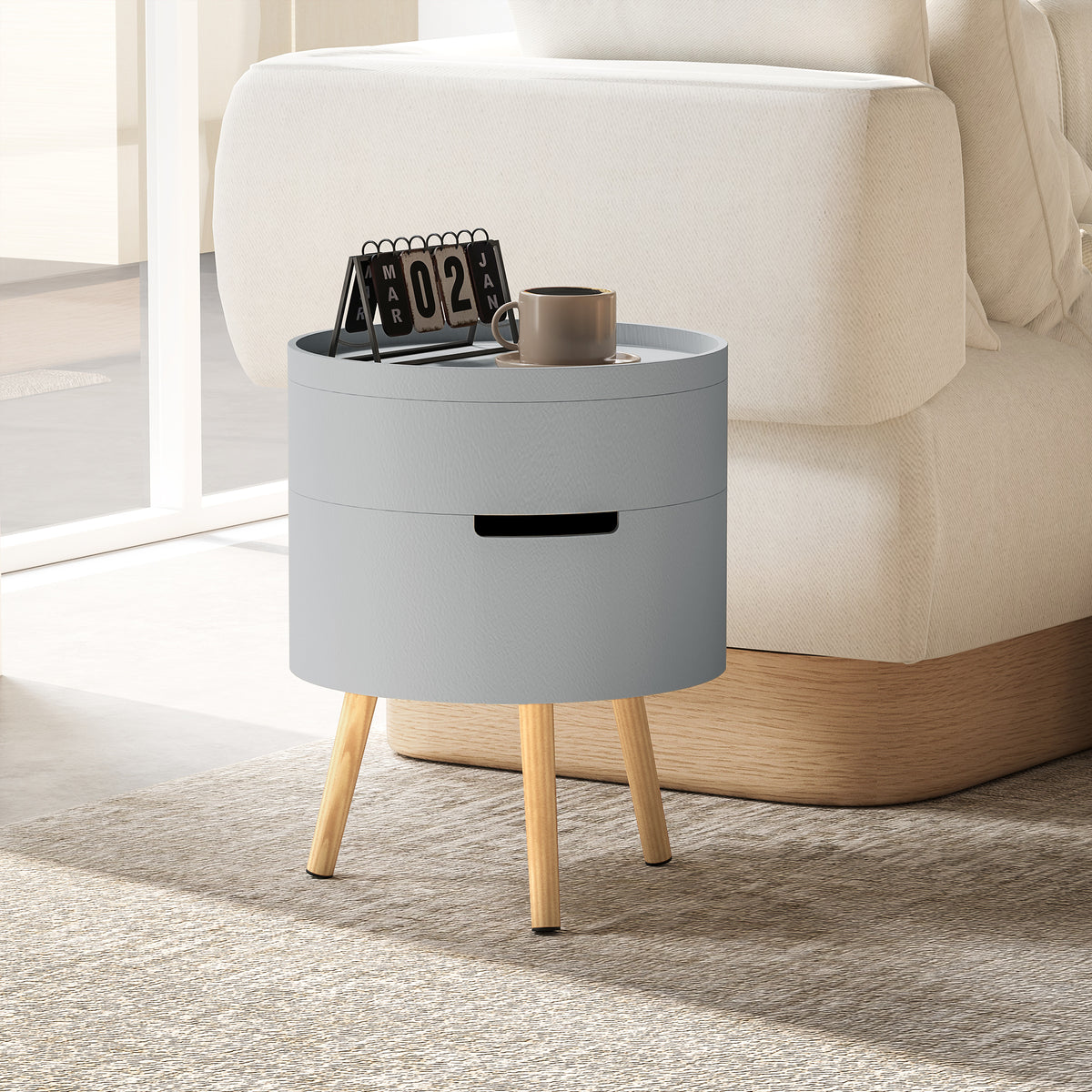 3-Tier Coffee Table, Round End Table with 2 Hidden Compartments and Detachable Tray, Side Table with Storage for Living Room, Grey