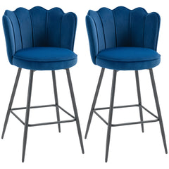 Fynco - Set of Two Velvet-Feel Lotus Bar Stools - Dark Blue