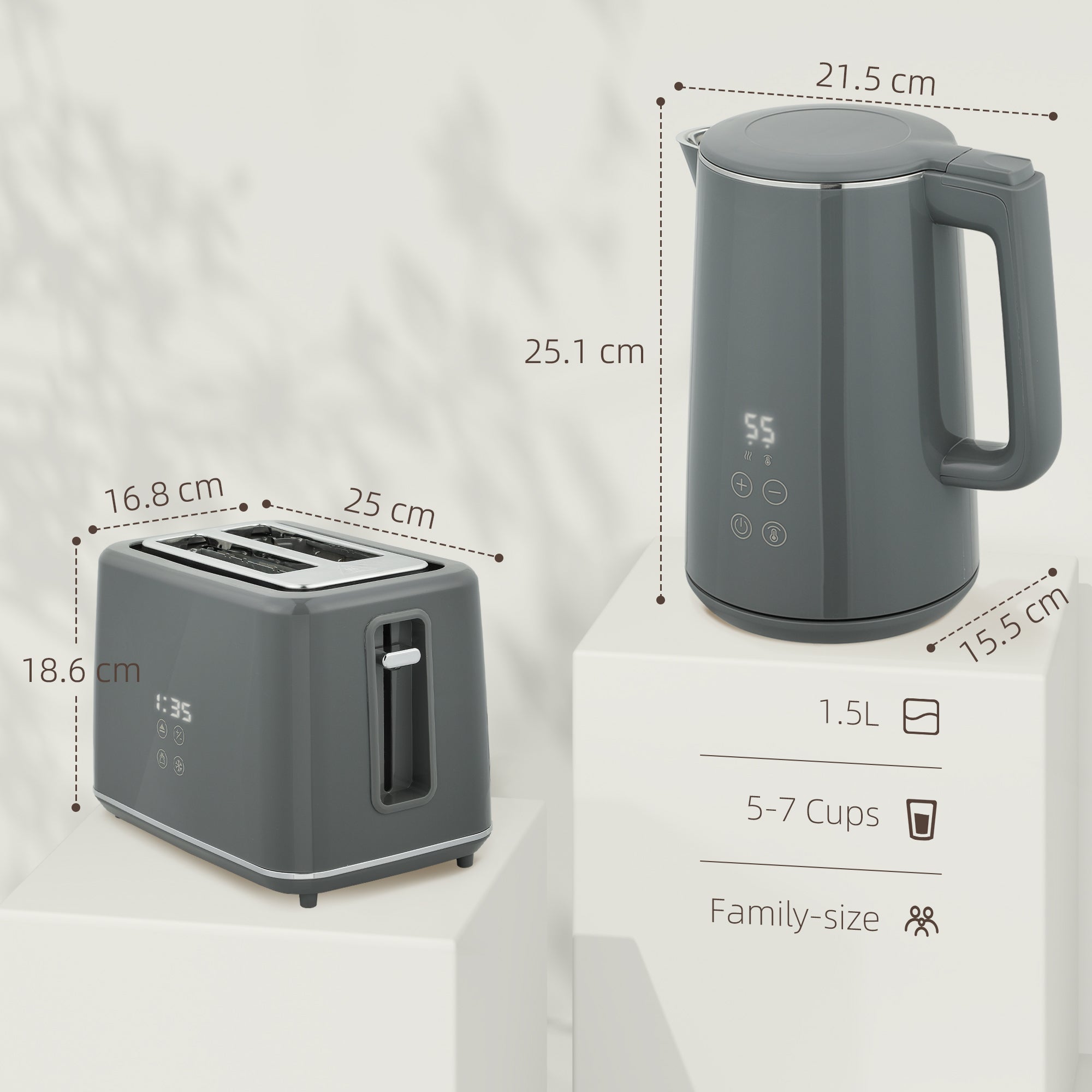 Digital Kettle and Toaster Set, 1.5L 3000W Fast Boil Kettle, 2 Slice Toaster Kitchen Set with 7 Level Browning Controls, Defrost, Reheat, Keep Warm, Crumb Tray and LED Touch Display, Grey