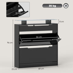 Fynco - Shoe Storage Cabinet with Slide Out Drawer, 2 Flip Doors, Tempered Glass Top - Black