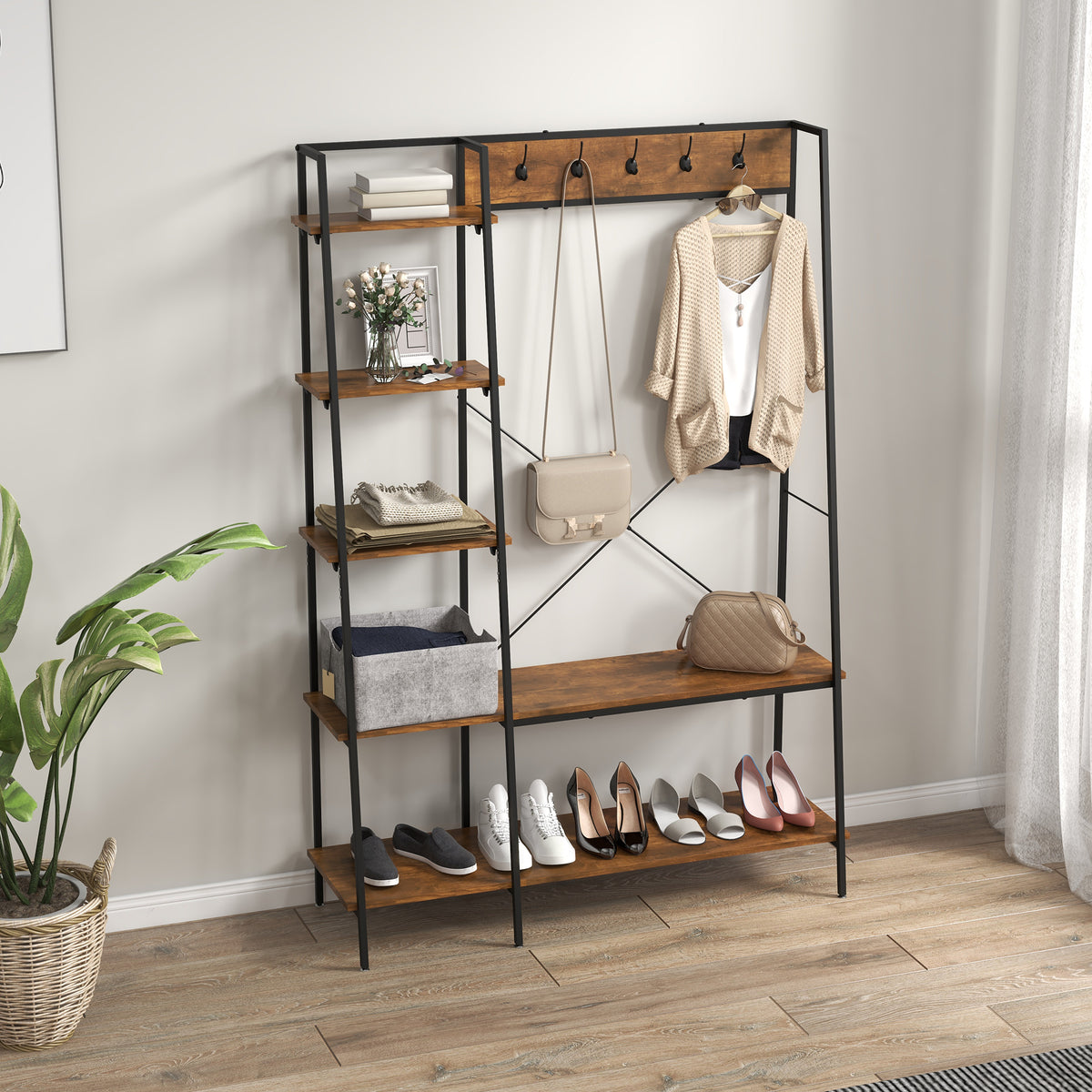 Clothes Rail, Metal Clothes Rack with Shoe Rack, 5 Tier Storage Shelves, 5 Side Hooks, Coat Stand for Bedroom, Living Room, Hallway, Rustic Brown and Black