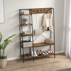 Clothes Rail, Metal Clothes Rack with Shoe Rack, 5 Tier Storage Shelves, 5 Side Hooks, Coat Stand for Bedroom, Living Room, Hallway, Rustic Brown and Black