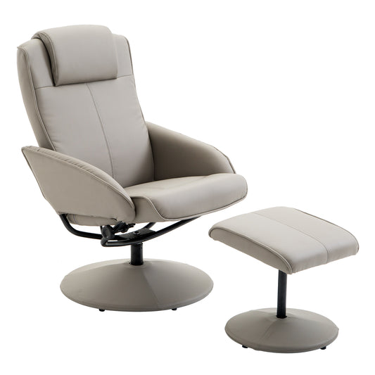 Recliner Chair and Footstool, Swivel PU Leather Upholstered Armchair with Footstool and Adjustable Backrest for Living Room, Bedroom, Grey
