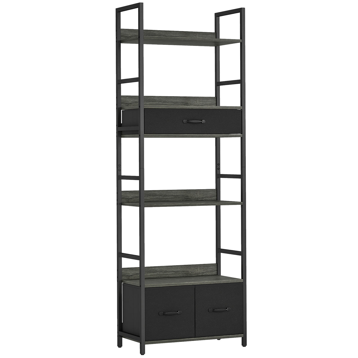 Fynco - Industrial Bookcase, 6-Tier Tall Bookshelf with 3 Fabric Drawers - Grey