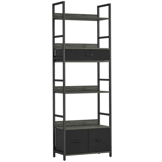 Fynco - Industrial Bookcase, 6-Tier Tall Bookshelf with 3 Fabric Drawers - Grey