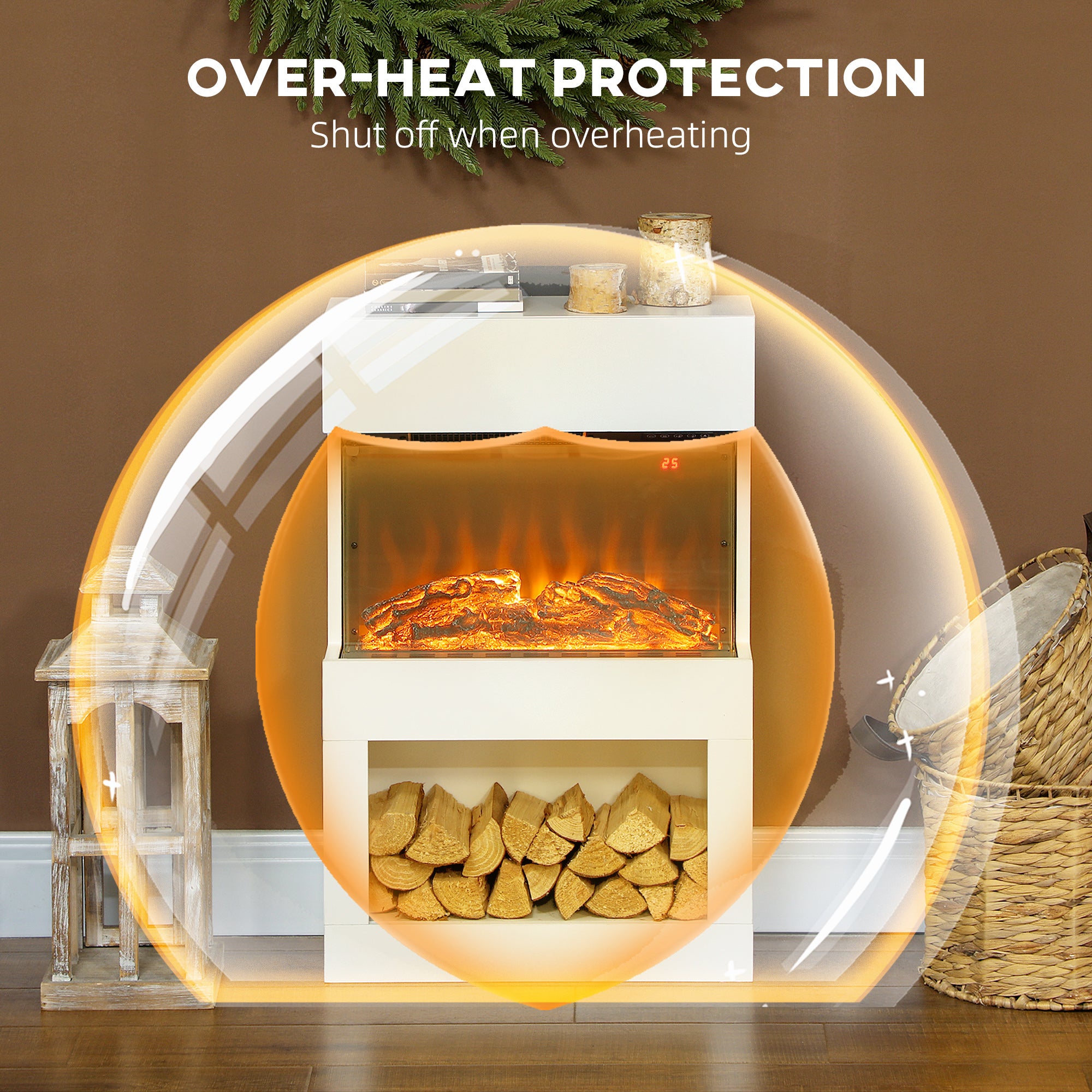 Fynco - Electric Fireplace with 3D Flame Effect, 6 Colours & 3 Brightness Levels, 1000W/2000W White Electric Fire and Mantel Reach up to 30㎡ Space with Remote & Timer, 3 Sided View for Living Room