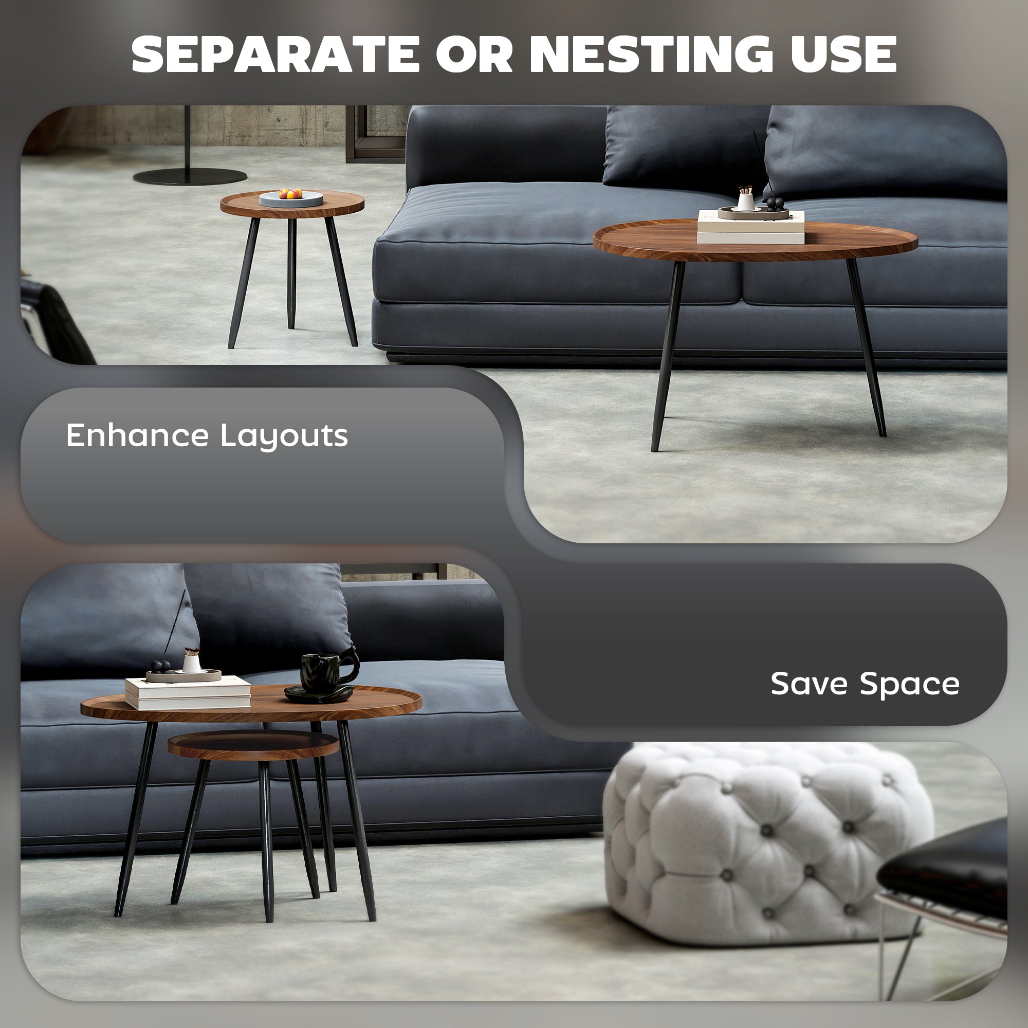 Nesting Coffee Table Set of 2, 80cm Modern Stacking End Side Table with Metal Legs for Living Room Bedroom Office, Chestnut Wood Effect