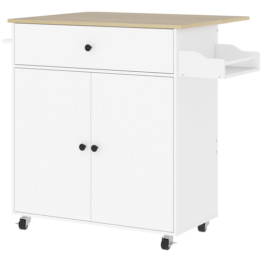 Fynco - Rolling Kitchen Island with Drop Leaf, Kitchen Storage Cart with Drawer, Spice Rack and Towel Rack, White