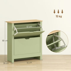 Fynco - Slim Shoe Cabinet, Narrow Shoe Cupboard with 2 Flip Drawers, Adjustable Shelves for 12 Pairs of Shoes, Green