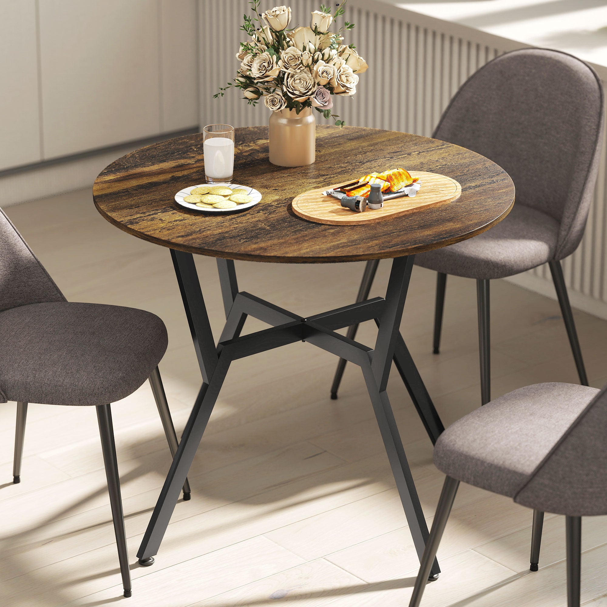 Fynco - Dining Table, Round Kitchen Table with Black Legs, Anti-slip Foot Pads for Living Room, Dining Room 90 x 76 cm, Rustic Brown