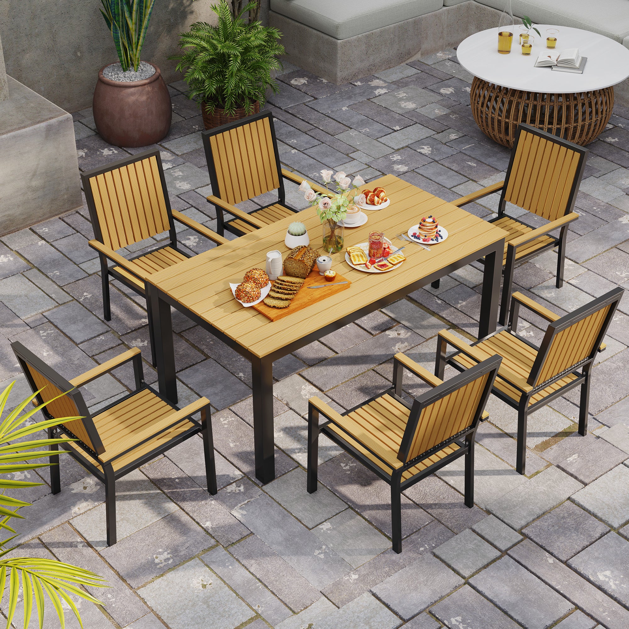 6 Seater Garden Dining Set with Stackable Chairs, Aluminium Frame, Rectangular Plastic Top, Garden Furniture Set, Outdoor Dining Table and Chairs for Patio, Balcony, Poolside, Nature Wood