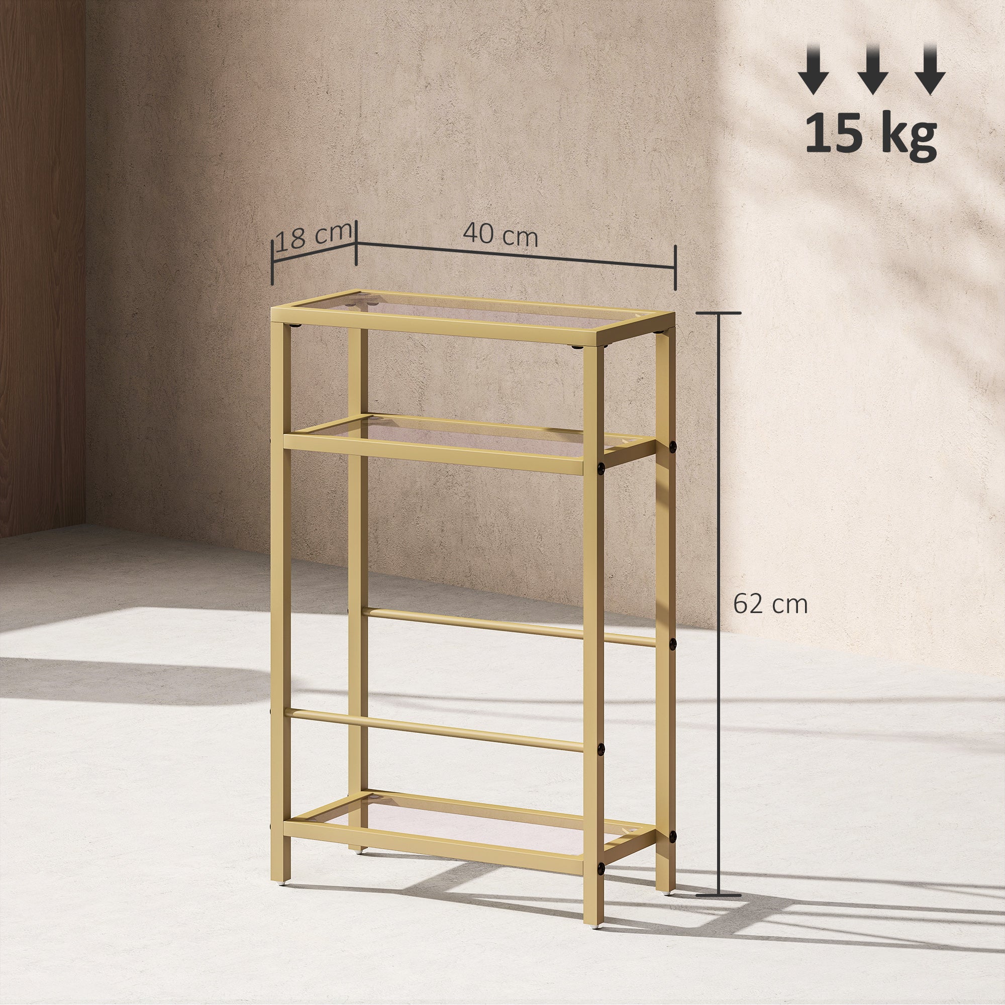 3-Tier Side Table, Narrow End Table with Storage Shelf and Tempered Glass Tabletop for Small Spaces, Bedroom, Living Room, Entryway, Gold Tone