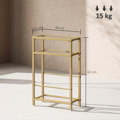 3-Tier Side Table, Narrow End Table with Storage Shelf and Tempered Glass Tabletop for Small Spaces, Bedroom, Living Room, Entryway, Gold Tone