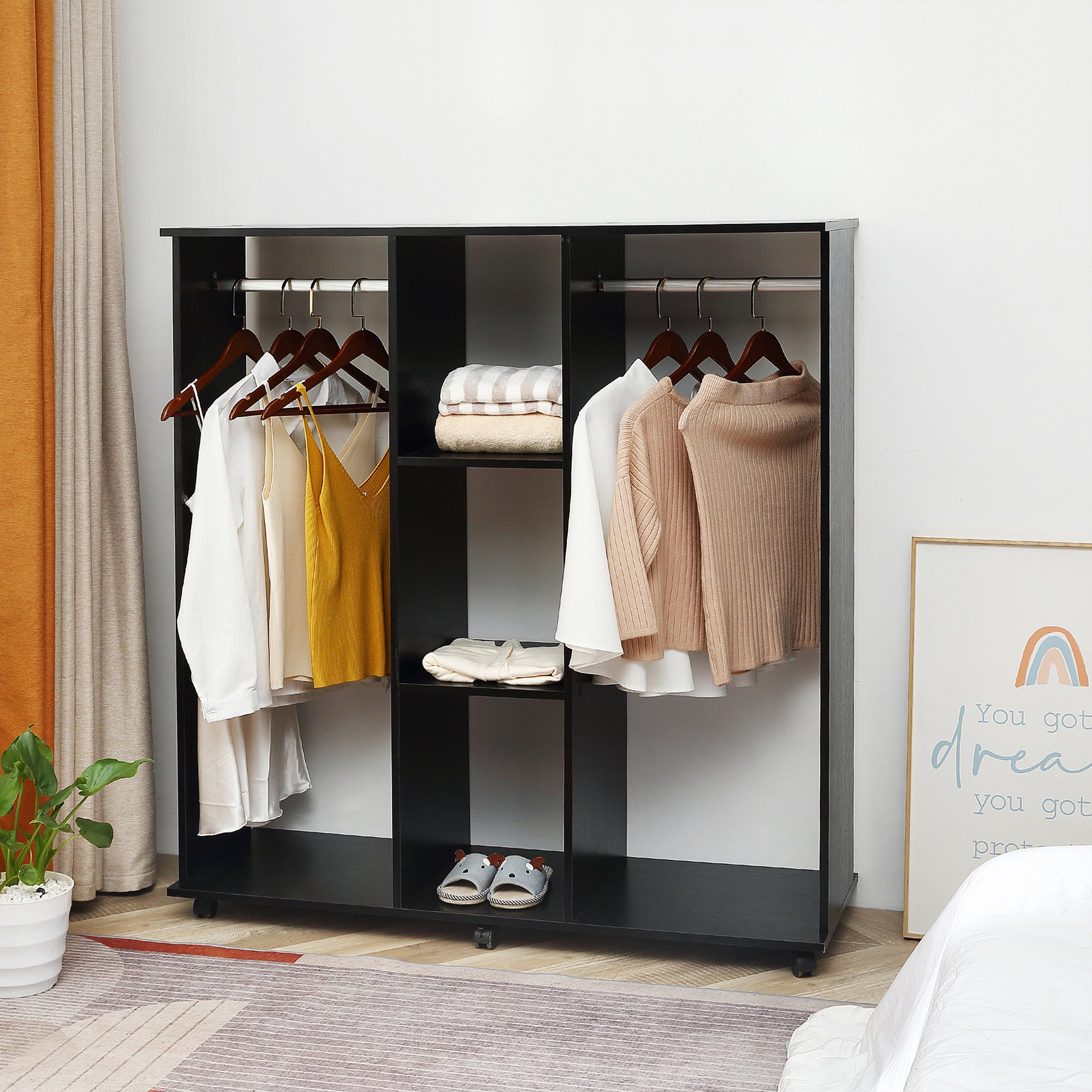 Open Wardrobe Double Mobile Storage Shelves Organizer W/6 Wheels-Black