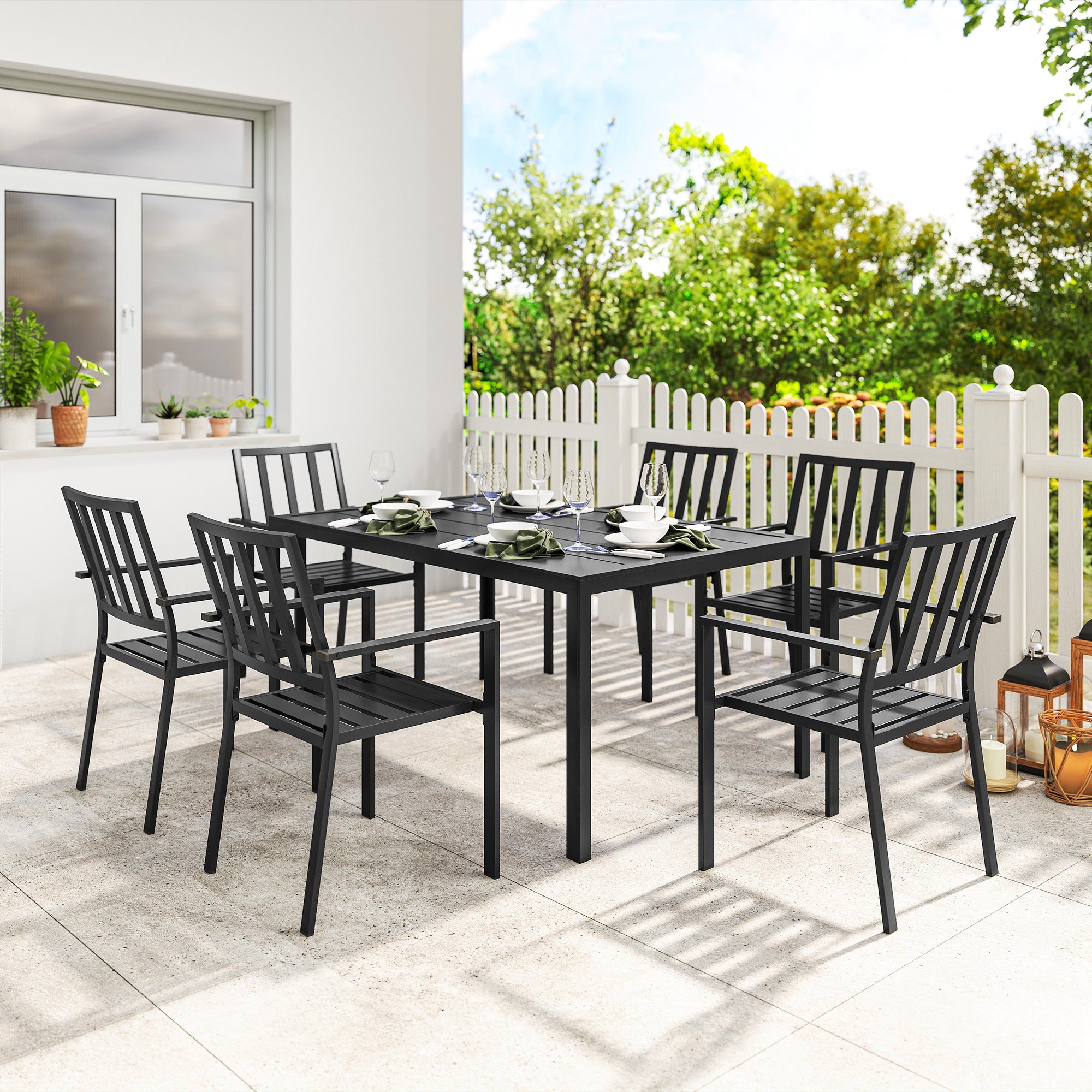 Seven-Piece Minimal Metal Garden Dining Set, with Parasol Hole - Black