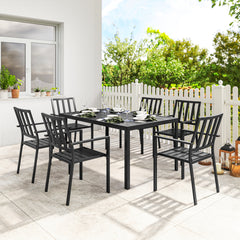Seven-Piece Minimal Metal Garden Dining Set, with Parasol Hole - Black