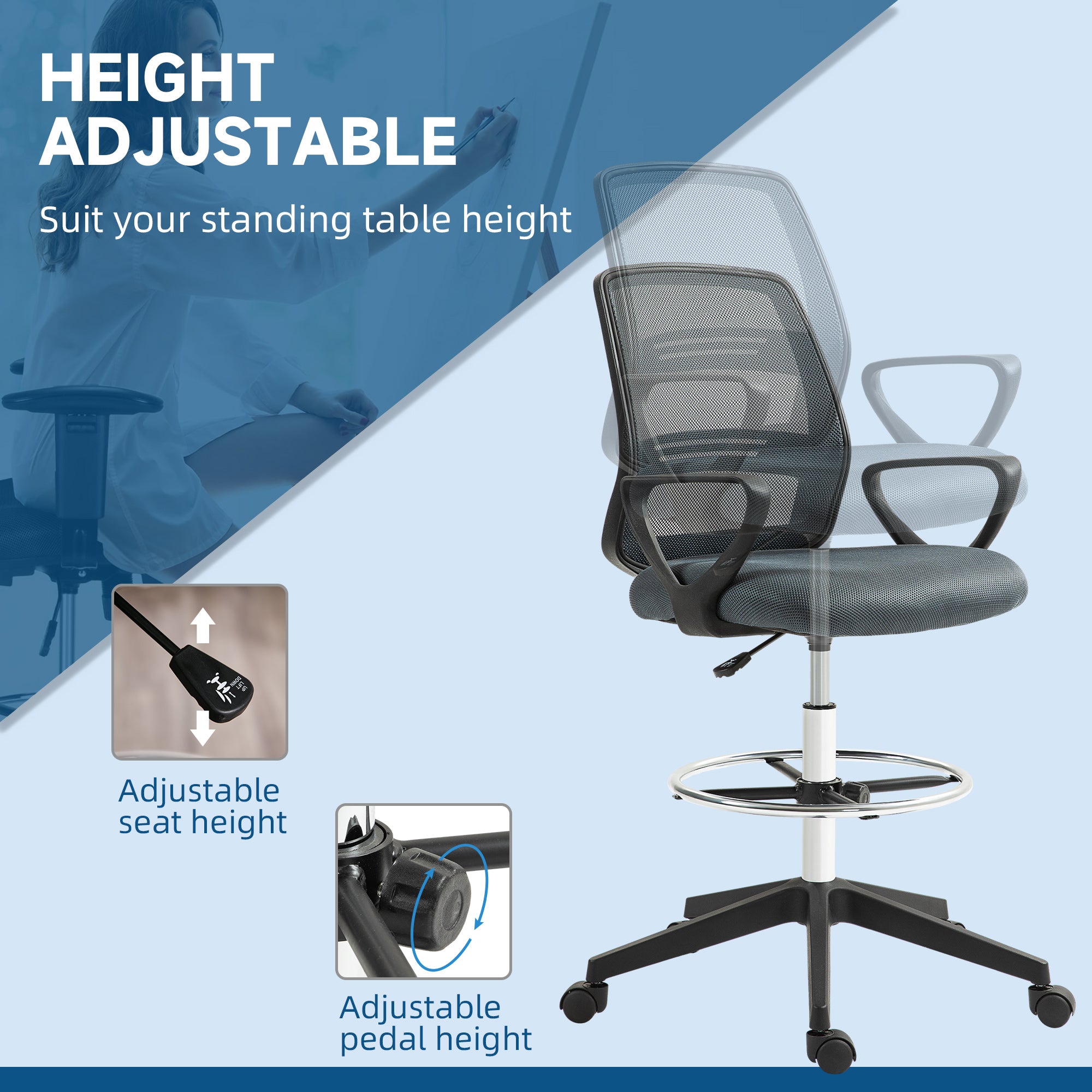 102.5-126cm Draughtsman Office Chair, with Footrest - Grey