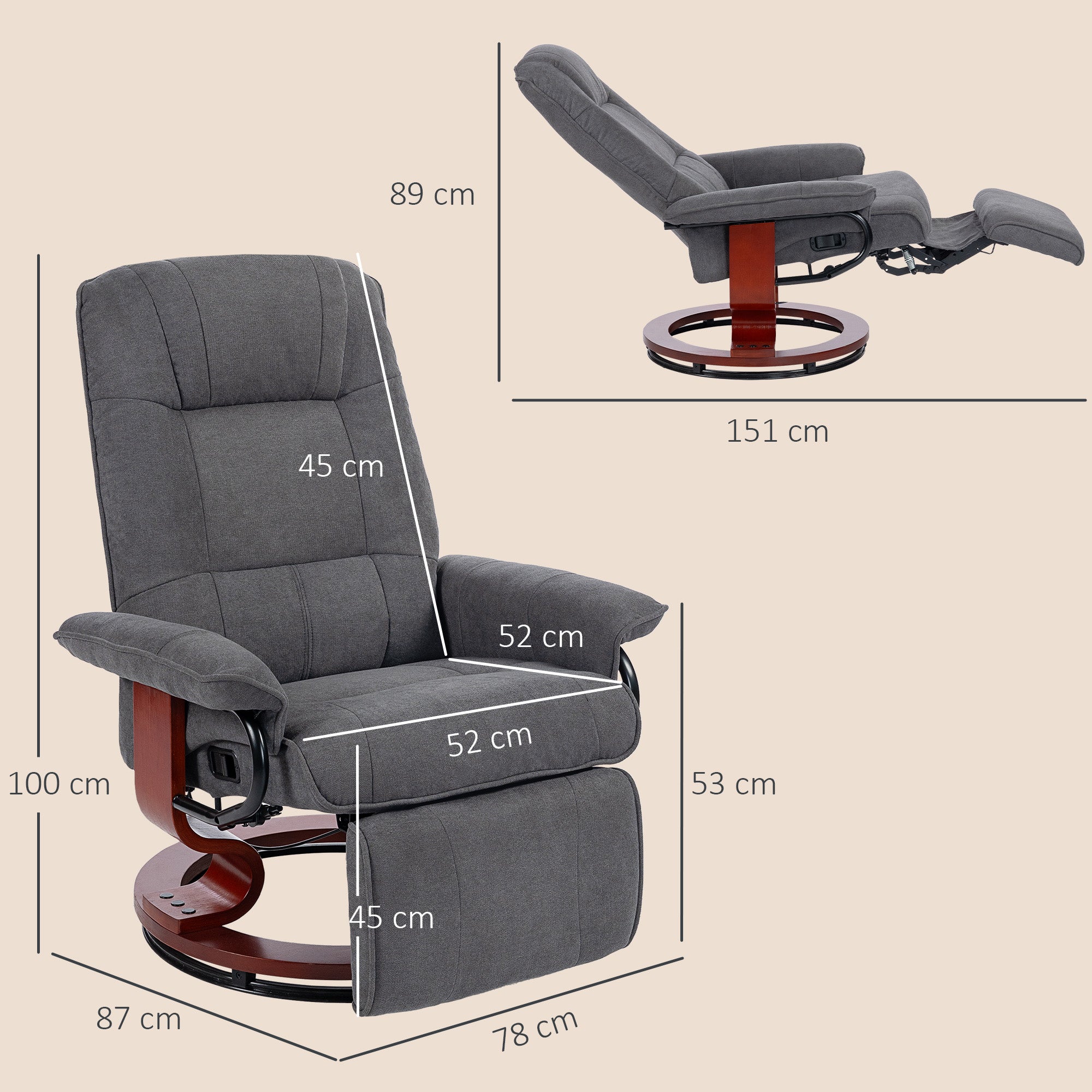 Fynco - Reclining Swivel Chair, with Footrest - Grey