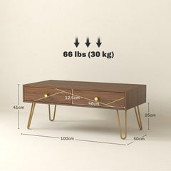 Coffee Table with Storage, Living Room Table with Drawers, Rectangular Tea Table with Steel Base for Home, 100 x 50 x 41 cm, Brown