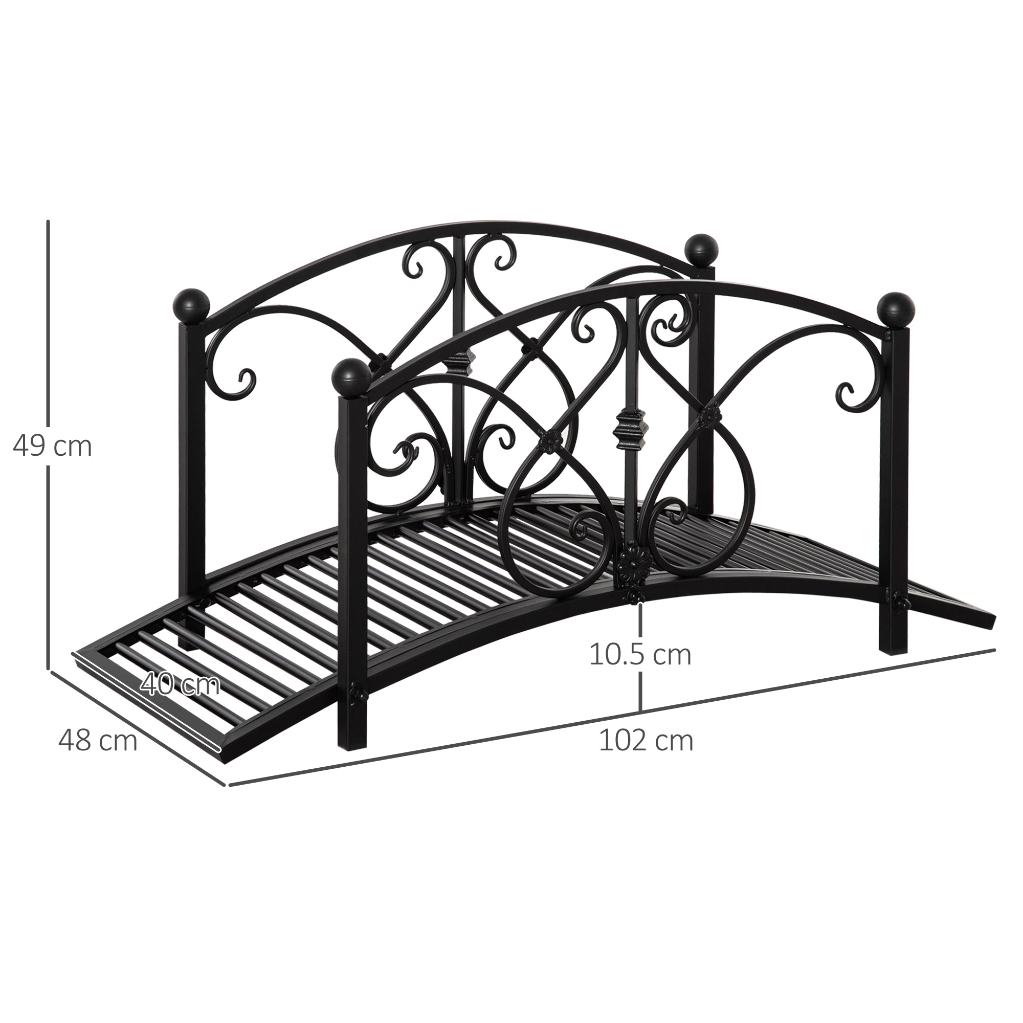 102L x 48W x 49H Classic Metal Garden Bridge with Safety Railings Arc Footbridge Decorative Pond Bridge for Backyard Creek Stream, Black